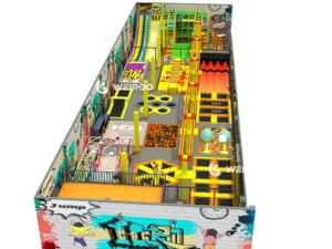 A detailed 3D render of the Weiroo "Velocity" park (WRTP-009), showing the main trampoline courts and multi-colored padding.