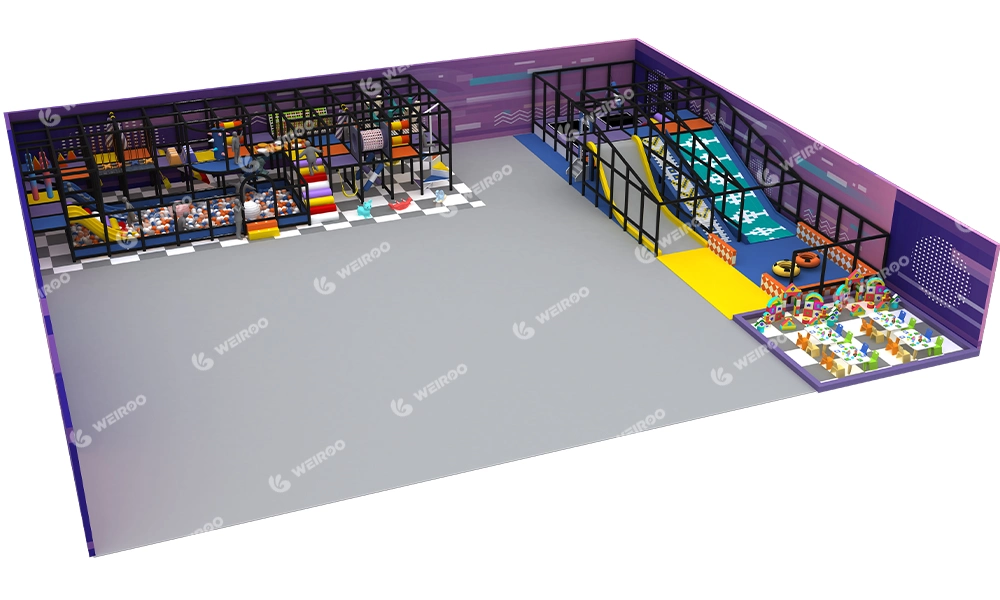 3D layout design of OH My Gosh indoor playground featuring vibrant colors and distinct zones.