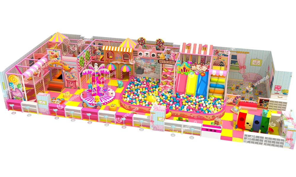 3D design layout of 170 sqm pink candy themed indoor playground equipment by Weiroo.