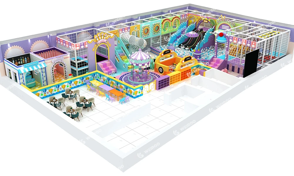 Full 3D design rendering of the 220 sqm custom indoor playground layout by Weiroo.