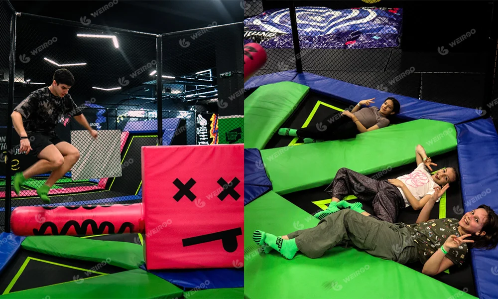 Electric rotating wipeout (sweeper) machine for indoor trampoline parks.