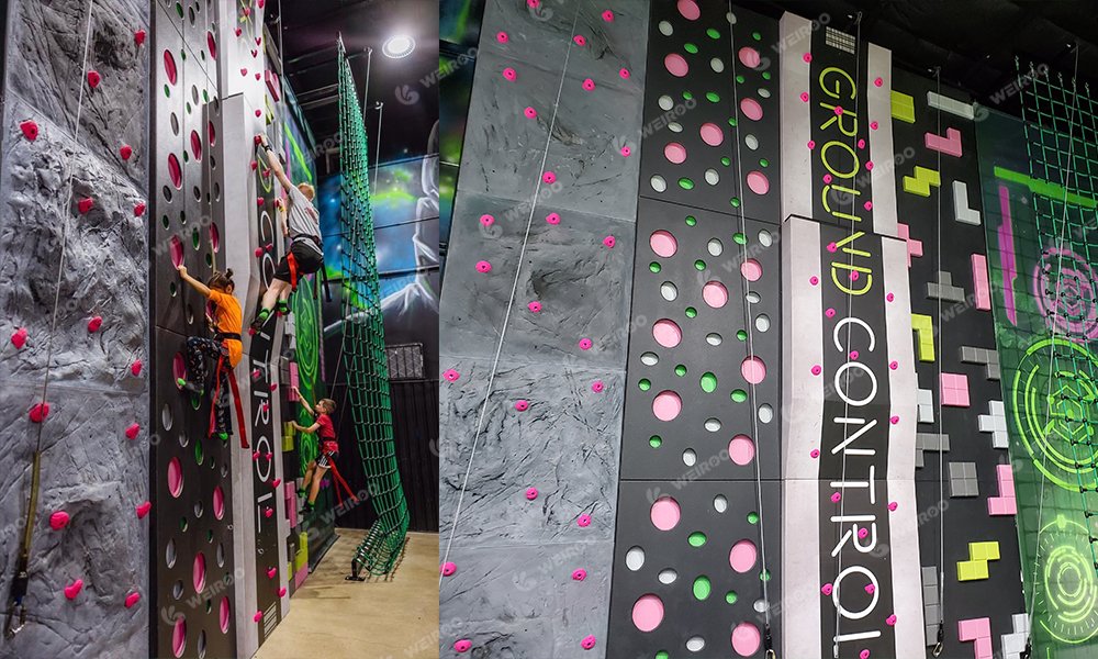Commercial climbing zone featuring 6 different styles of walls for high capacity.