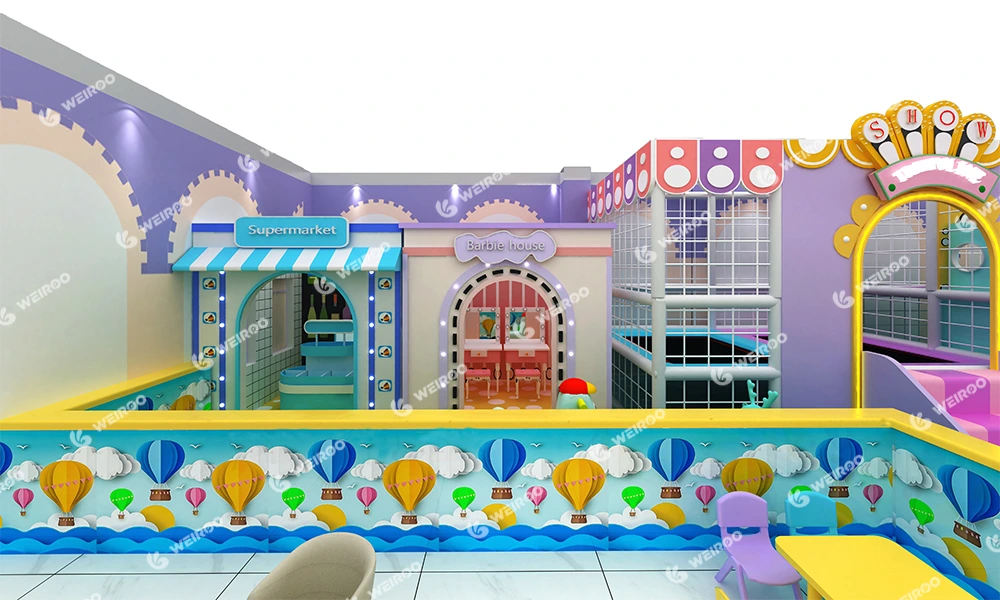 Immersive role-play area featuring a mini supermarket and playhouse for toddlers.