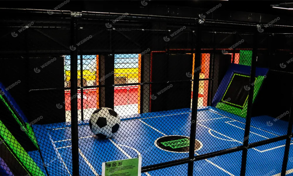 Indoor trampoline football zone (bubble soccer) equipment in Romania trampoline park.