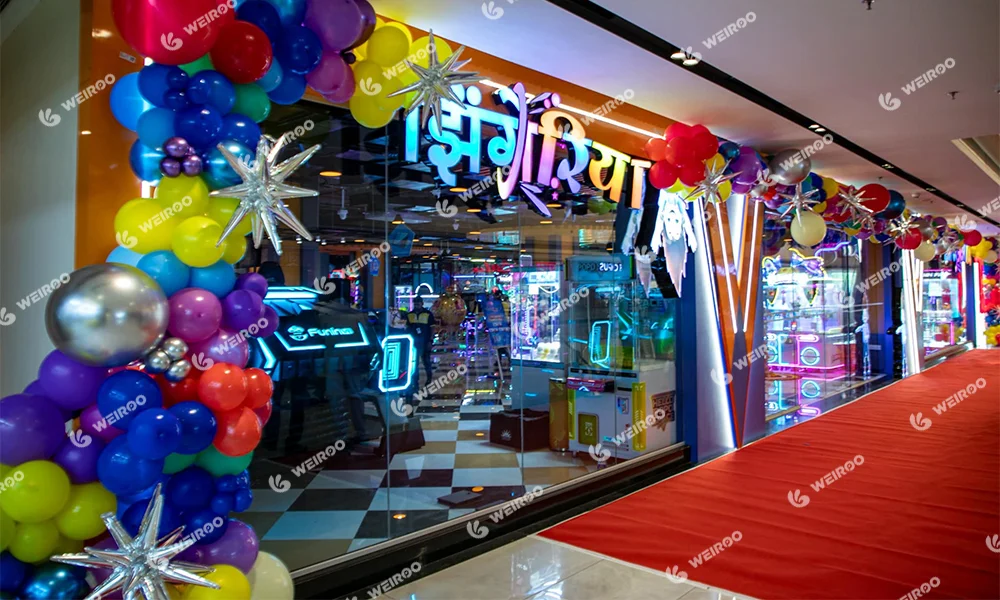 Entrance of Zingeria space themed commercial indoor playground at Aeromall Pune.