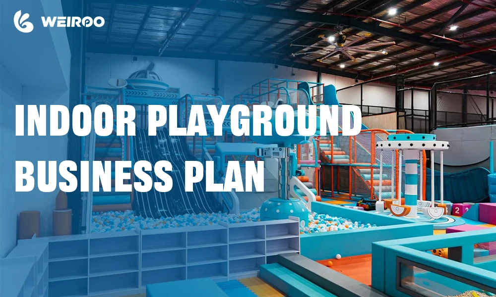 A high-angle, professional photograph of a colorful 3D floor plan for an indoor playground. It should show distinct zones like a ball pit, slides, and a café area, with a laptop and a cup of coffee sitting next to the printed blueprints to give a "startup" vibe.