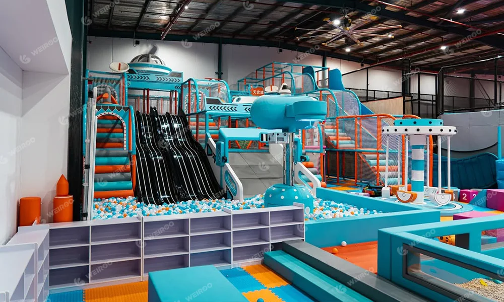 Macaron themed indoor playground with dry ski slide and 4-lane LED slide.