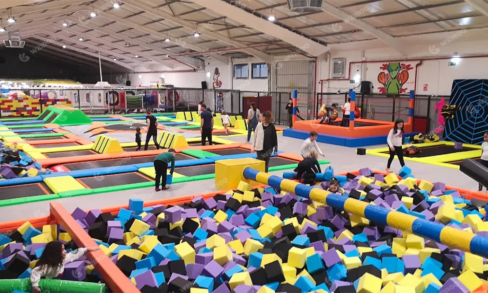 A panoramic view of the 1,200 SQM facility featuring the high-performance trampoline arena.
