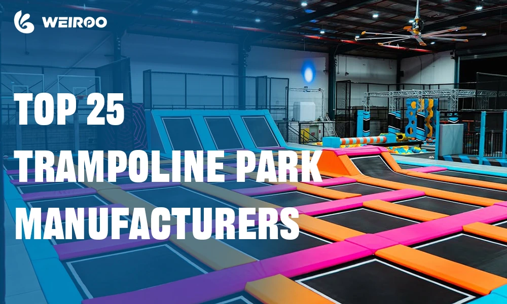 A wide-angle shot of a massive, state-of-the-art trampoline facility featuring neon lighting, foam pits, and basketball hoops. The image should look premium and industrial, highlighting high-quality engineering and safety padding.