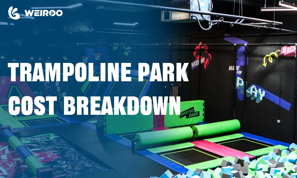 A clean, modern infographic style image. A piggy bank or a calculator sits in the foreground, while a blurred background shows a high-end trampoline park. Overlay some subtle floating icons representing "Rent," "Equipment," "Insurance," and "Staffing" to signify financial planning.