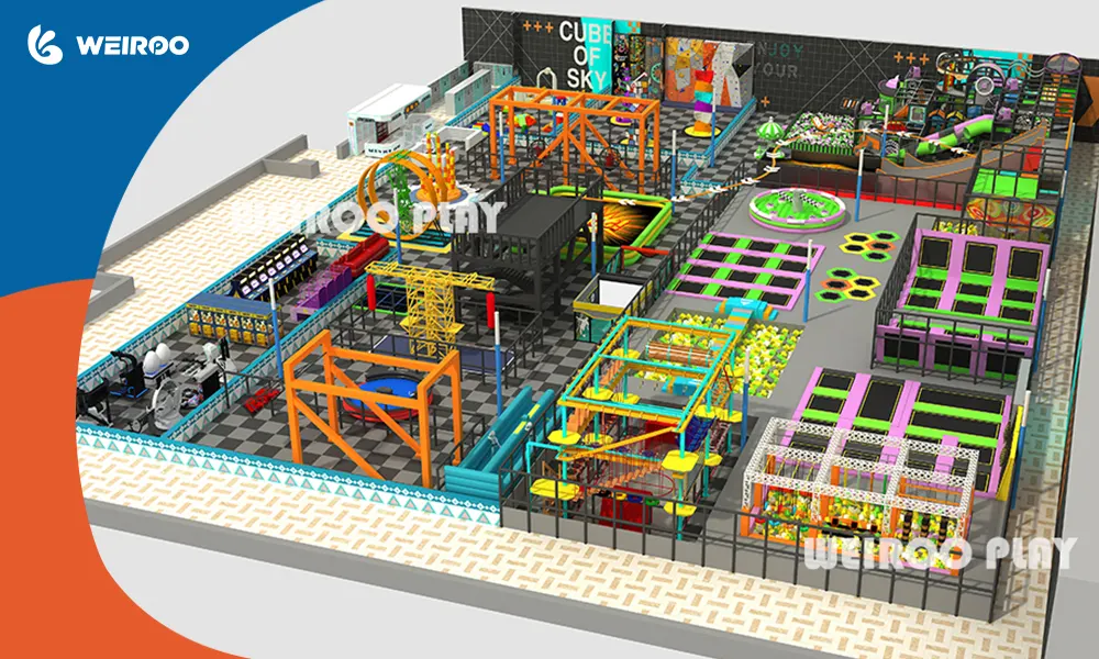 Complex 3D design rendering for a large commercial indoor playground center, illustrating the initial design phase by a professional playground equipment supplier.