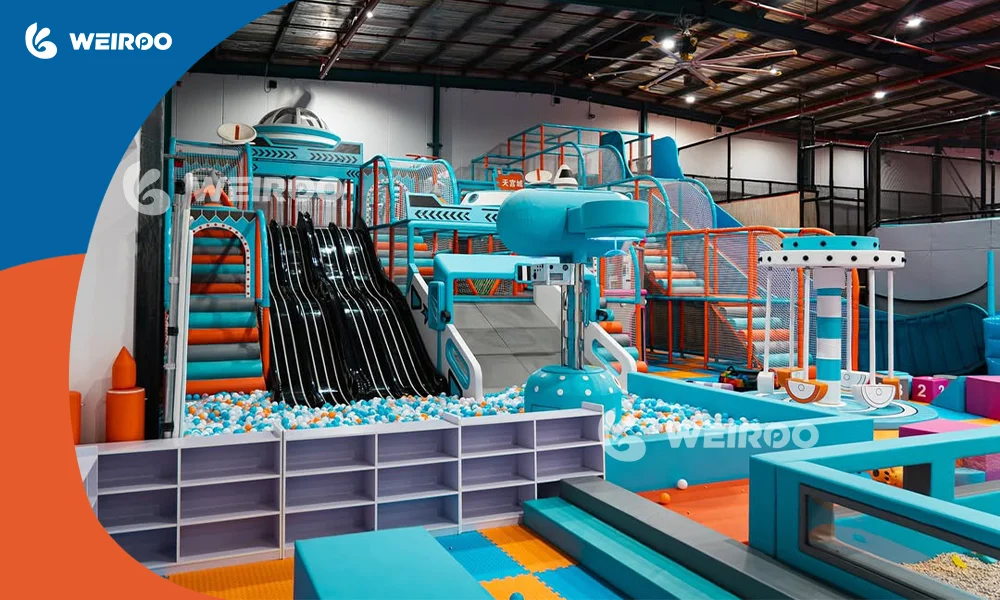 Colorful commercial indoor playground structure with slides and ball pits, factory direct soft play equipment.