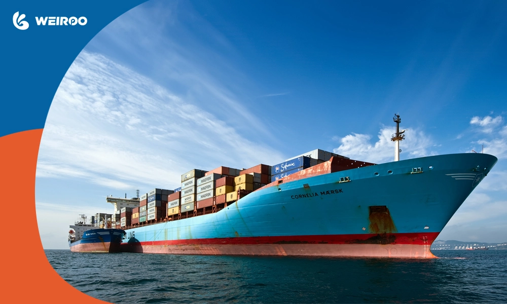 Large container ship transporting international cargo, illustrating the significant shipping and port fees involved in the total indoor playground equipment cost.