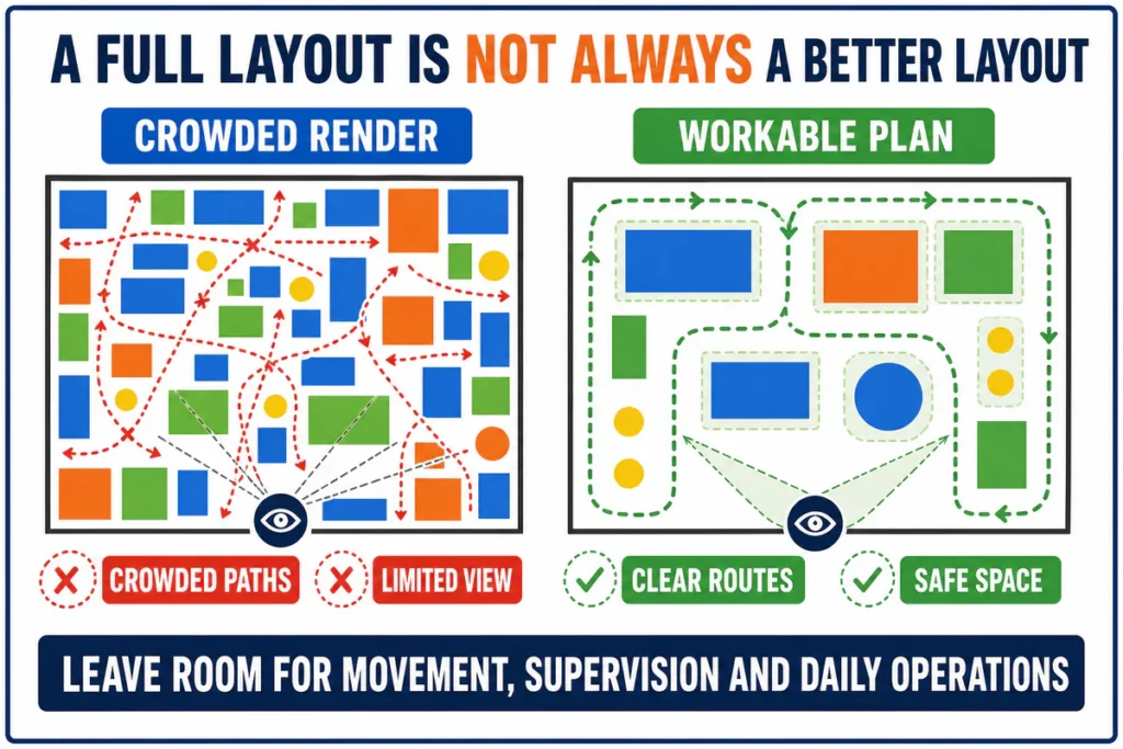 A side-by-side abstract comparison of crowded paths and limited visibility versus a layout with clear routes, safety space, and a staff view point.