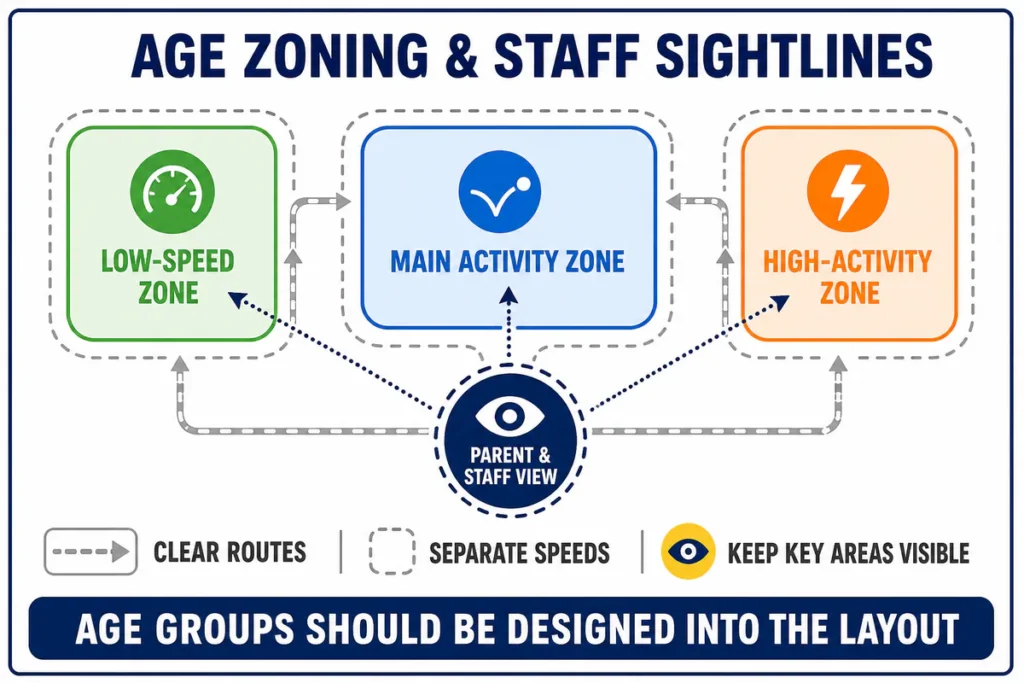 An abstract layout showing low-speed, main activity, and high-activity zones connected by clear routes and visible from a central parent and staff view point.