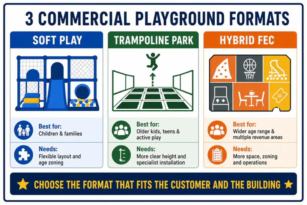 A three-column comparison of soft play, trampoline parks, and hybrid family entertainment centers, including their typical audience and site requirements.