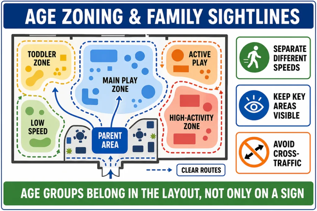 An abstract top-down zoning plan showing a toddler zone, main play zone, high-activity zone, parent area, sightlines, and circulation routes.