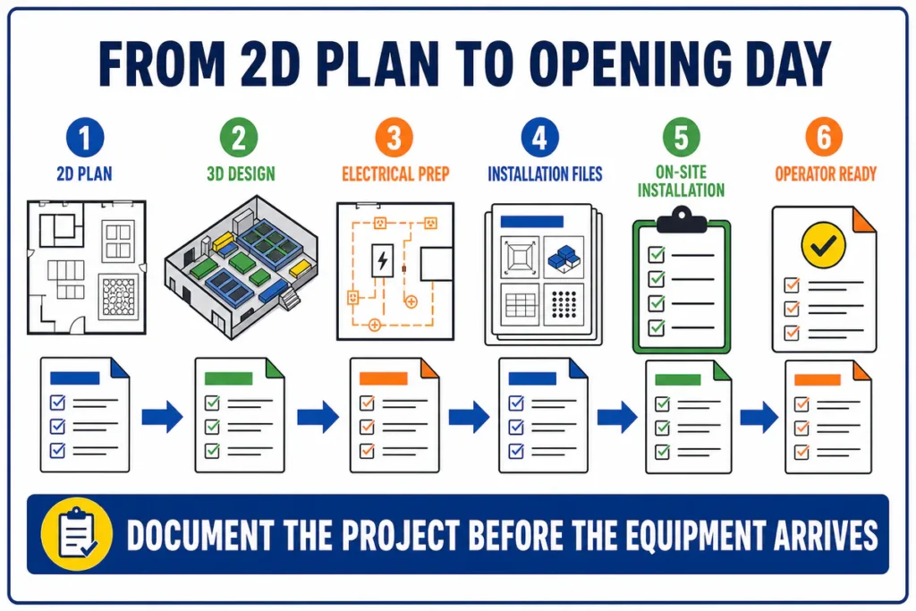 A six-step process diagram covering 2D planning, 3D design, electrical preparation, installation files, on-site installation, and operator readiness.