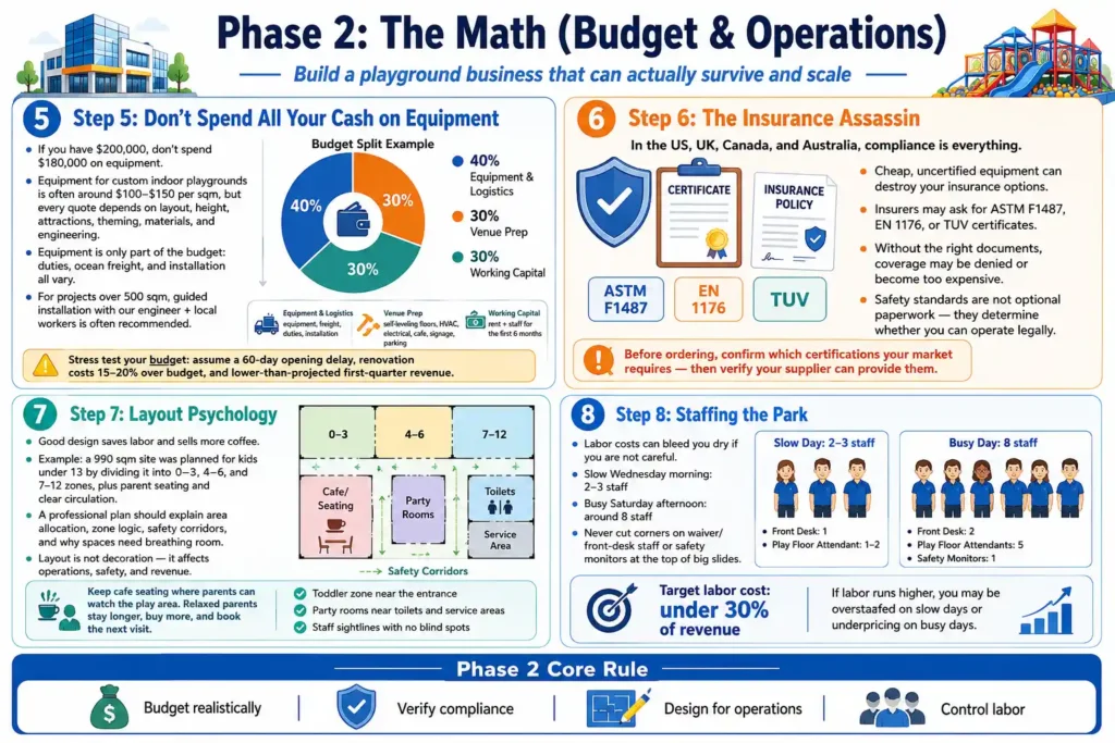 Phase 2 guide covering indoor playground budget allocation, safety insurance requirements, layout psychology, and staffing costs.