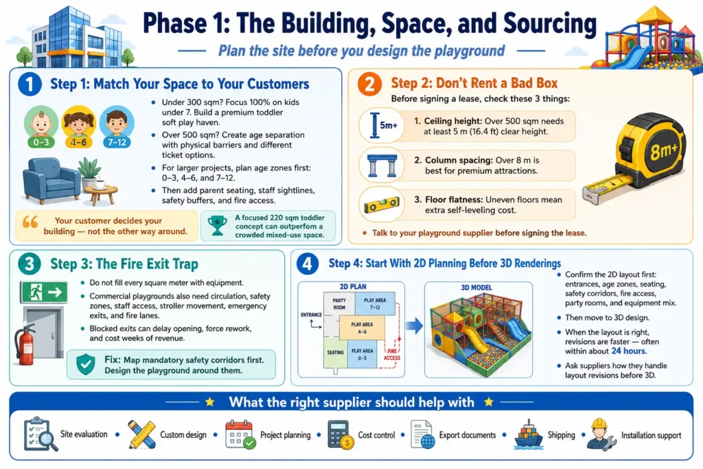 Phase 1 guide for starting an indoor playground, focusing on selecting the right building, space planning, fire exits, and 2D layouts.