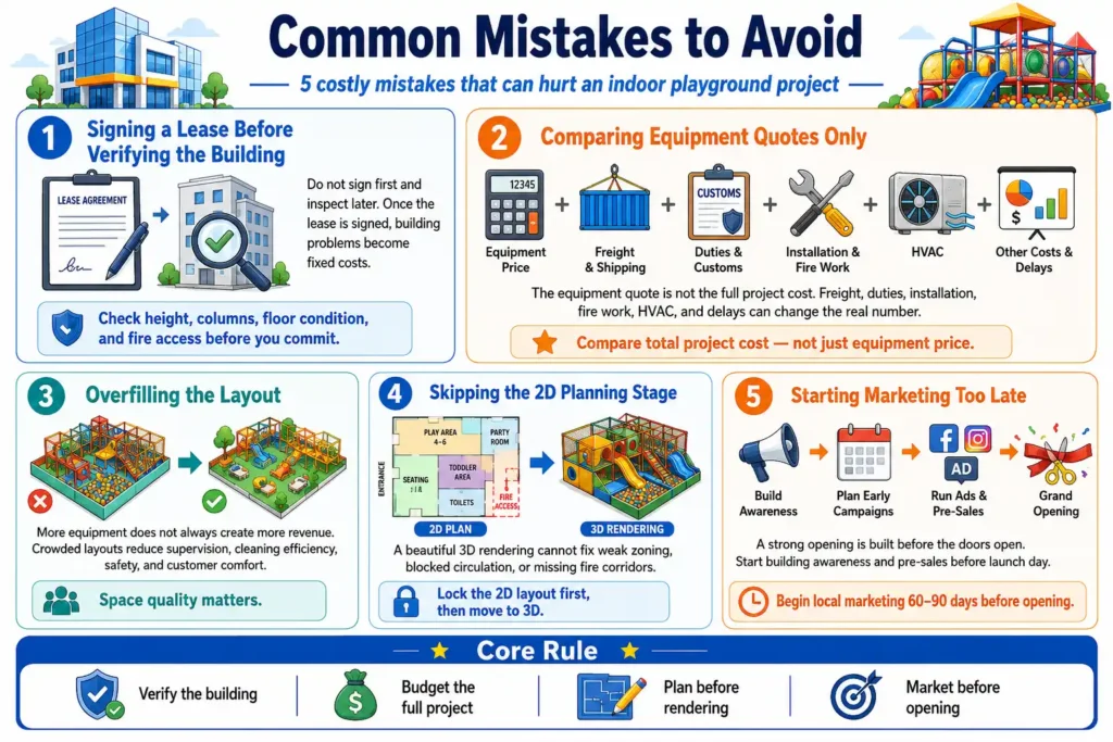 Infographic showing 5 common mistakes when starting an indoor playground, including lease issues, hidden costs, crowded layouts, and late marketing.