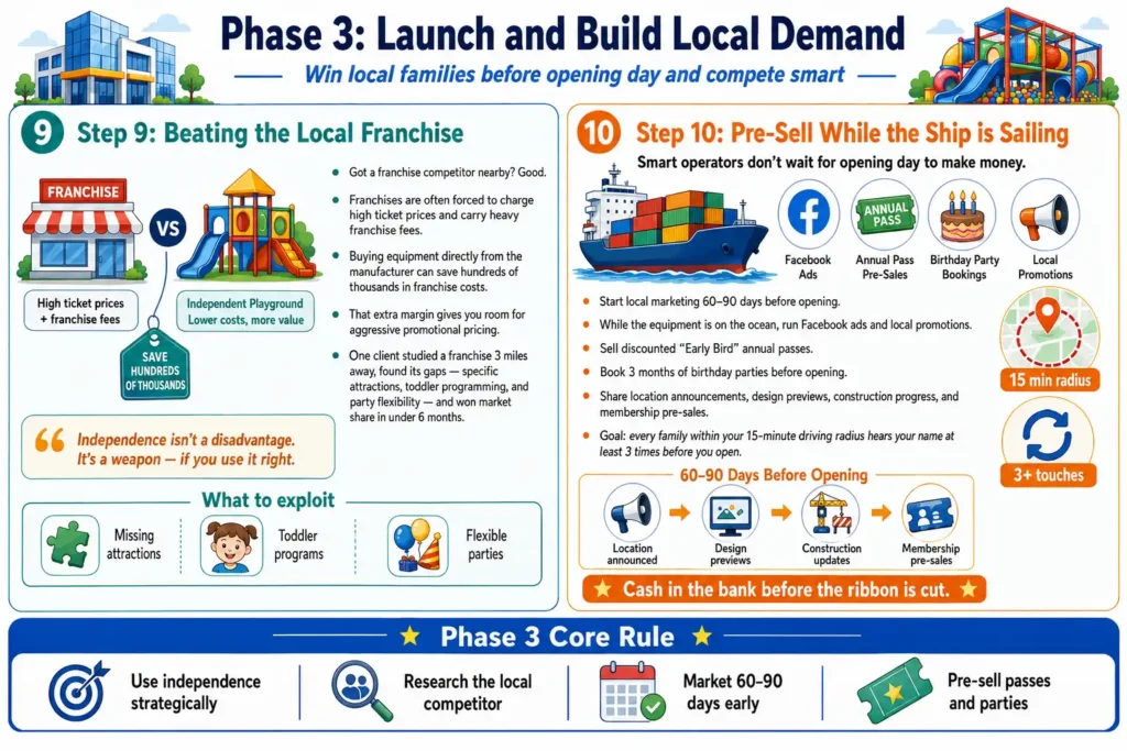 Phase 3 guide on launching an indoor playground, detailing strategies to compete with local franchises and pre-sell tickets before opening.
