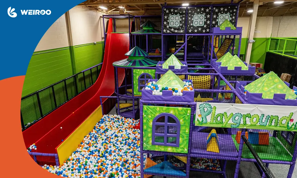 A custom multi-level indoor playground setup maximizing vertical space, designed by an expert playground company to increase venue capacity and local market competitiveness.