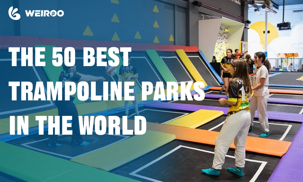 A premium commercial extreme air sports center featuring a Ninja Warrior course and stunt airbags, representing the 50 best trampoline parks in the world. Built by a top trampoline park manufacturer.