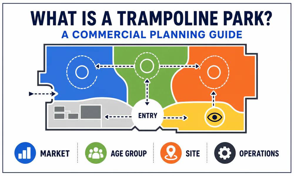 A conceptual zoning diagram that introduces a trampoline park as a commercial planning system rather than a collection of attractions. The visual uses abstract zones and decision icons, not real equipment structures.