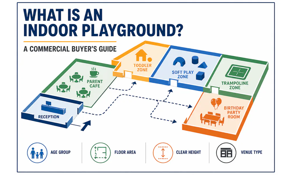 A conceptual commercial planning diagram showing how age group, floor area, clear height, venue type, parent space, and party space shape an indoor playground project. The image uses abstract zones rather than realistic equipment structures.