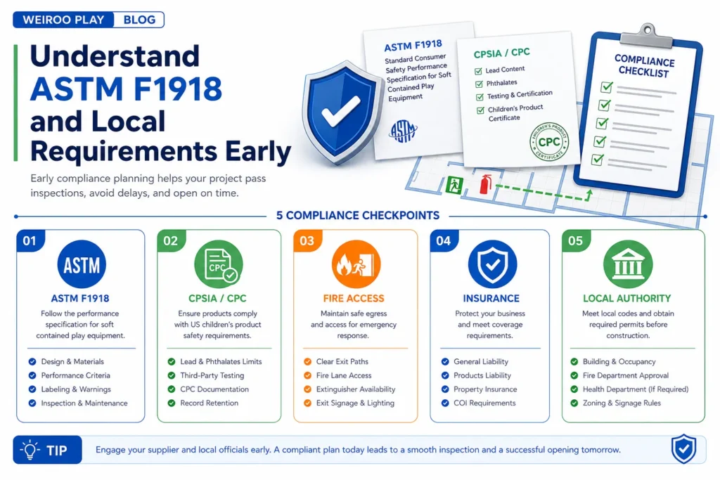 This infographic summarizes the compliance areas that a US indoor playground project should review before ordering equipment or planning installation.