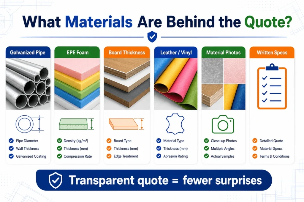 This infographic highlights the material details buyers should request, including galvanized pipe, EPE foam, board thickness, leather or vinyl, and material photos.