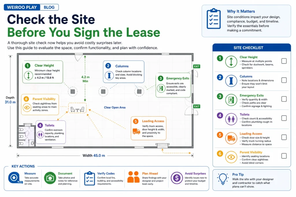 This infographic helps readers understand why site conditions should be checked before signing a lease for an indoor playground.