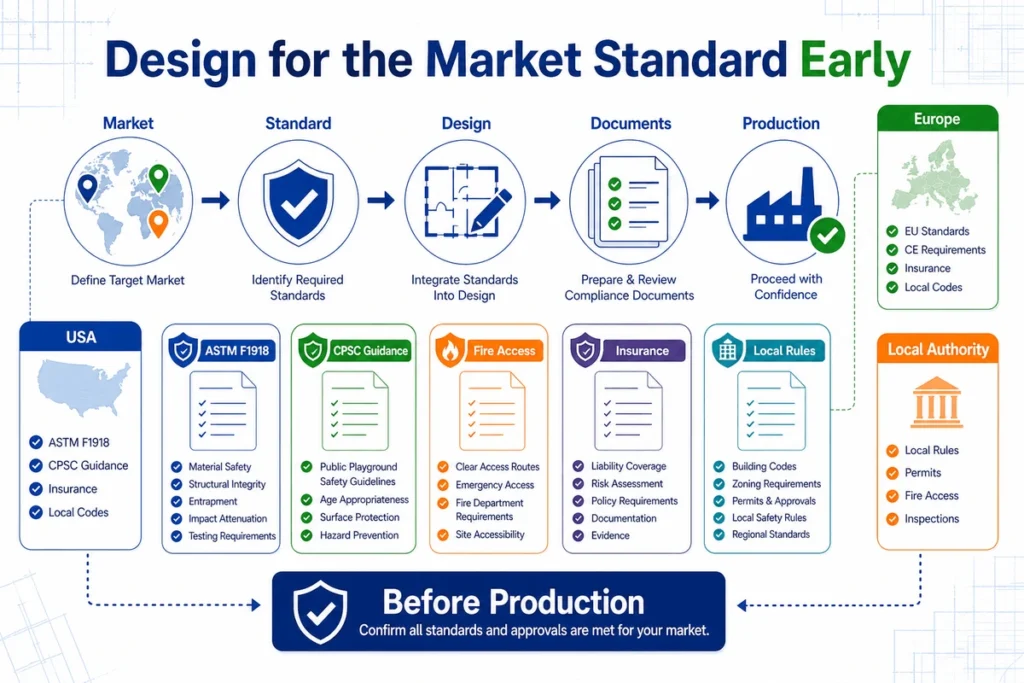 This infographic shows how a supplier should consider market standards, local rules, documents, and production planning before manufacturing starts.