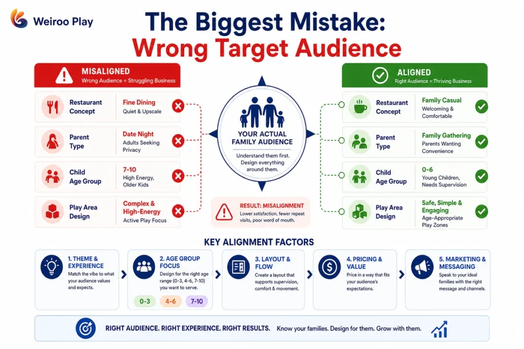 This infographic explains why restaurant play area planning should start with target audience, child age range, restaurant concept, pricing, and marketing alignment.