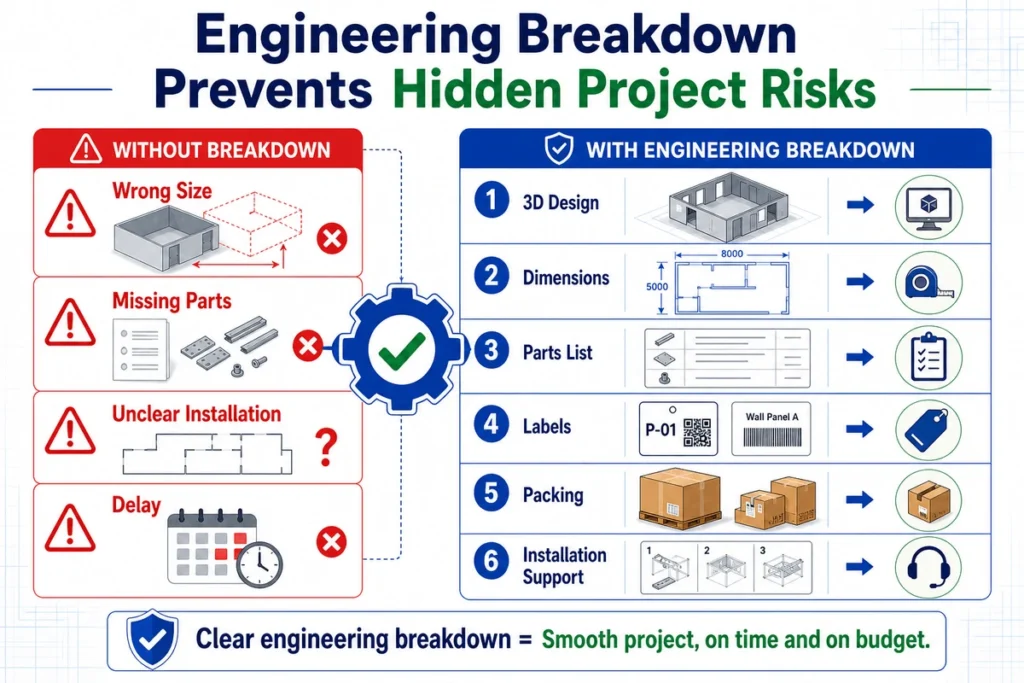 This infographic explains the difference between a supplier with engineering breakdown and one that skips detailed production and installation preparation.