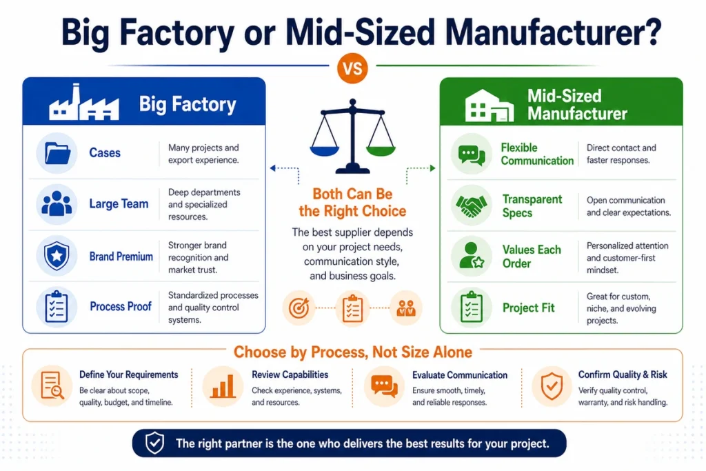 This infographic compares large factory advantages with mid-sized manufacturer strengths, helping buyers avoid judging suppliers by size alone.