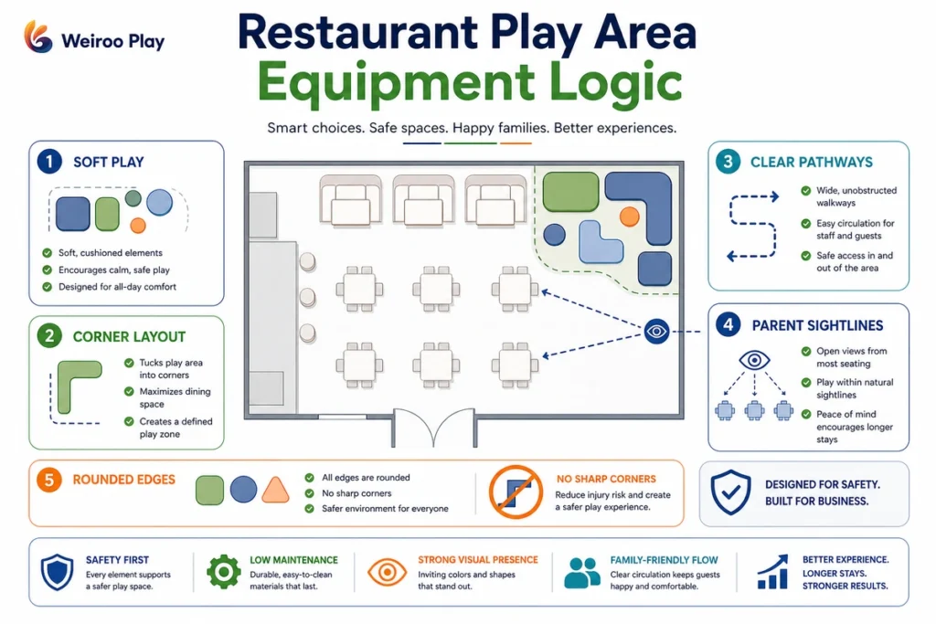 This infographic summarizes the equipment selection logic for restaurant play areas, focusing on soft play, rounded edges, layout fit, clear pathways, and parent sightlines.