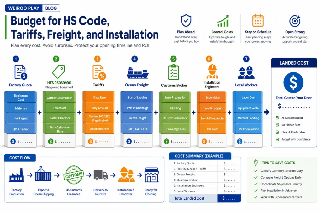 This infographic explains the landed-cost thinking behind an imported indoor playground project, including HS code review, tariffs, freight, customs, installation, and local labor.