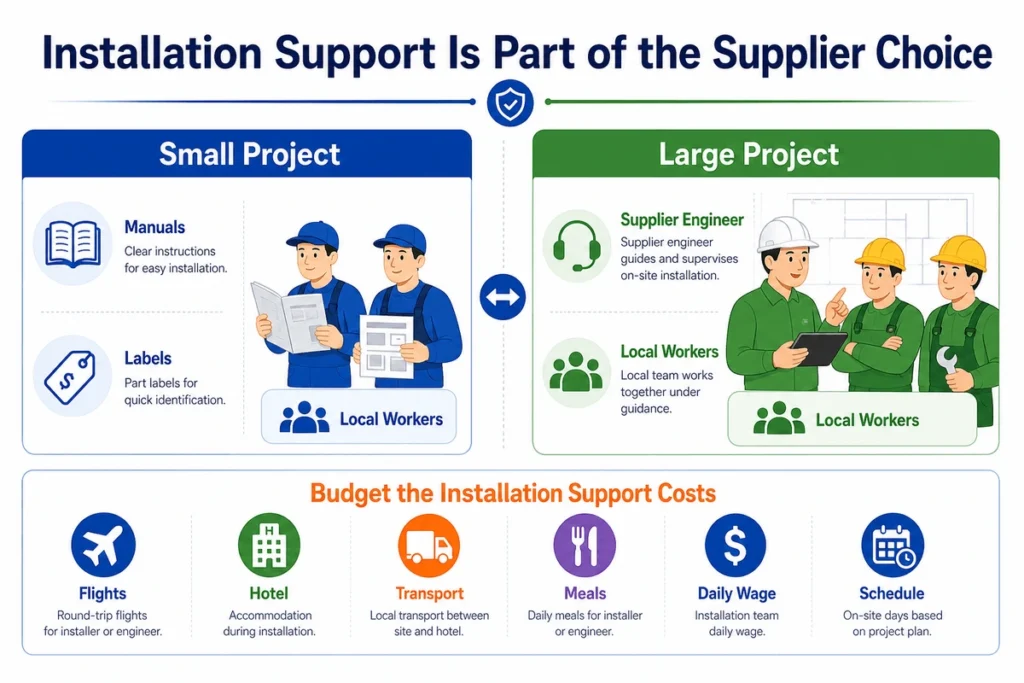 This infographic compares small-project installation with larger projects that may need supplier-side engineers guiding local workers on site.