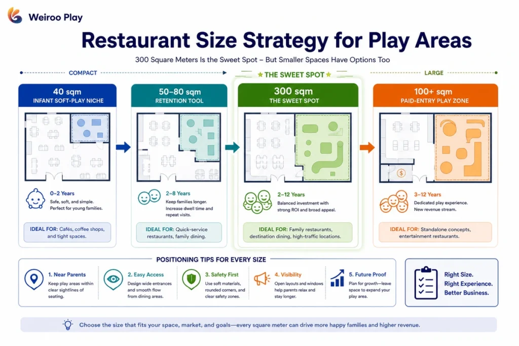 This infographic explains how restaurant size affects the best play area strategy, including compact infant zones, retention tools, paid-entry areas, and the 300 sqm sweet spot.