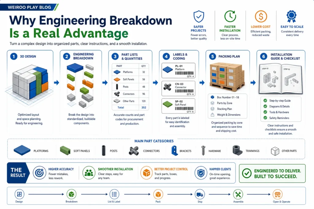 This infographic shows how engineering breakdown supports a smoother indoor playground project by connecting design, labeling, packing, and on-site assembly planning.