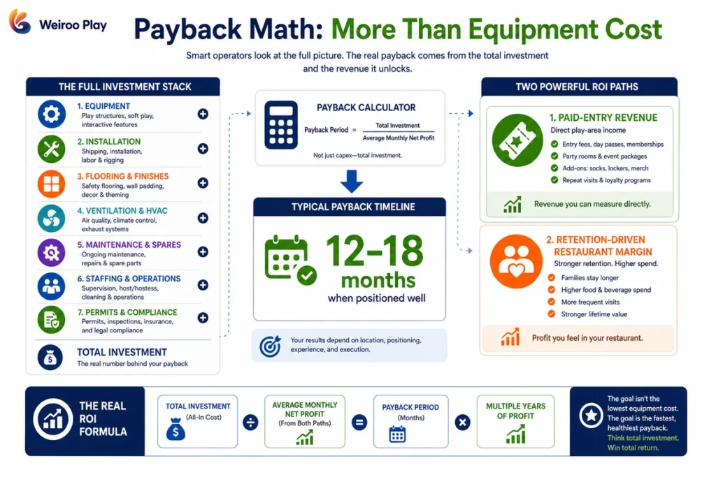 This infographic shows why restaurant play area ROI should be calculated from total project cost and revenue model, not equipment price alone.