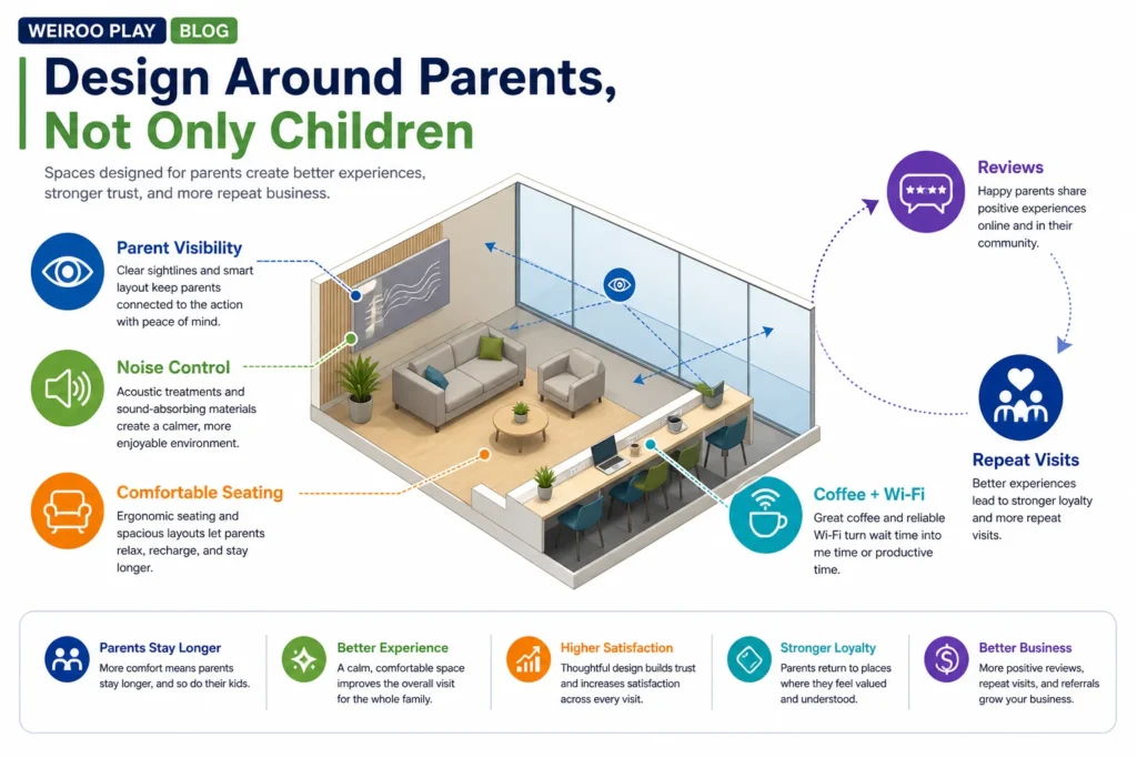 This infographic explains why an indoor playground layout should consider the parent experience, including sightlines, seating, coffee areas, and noise reduction.