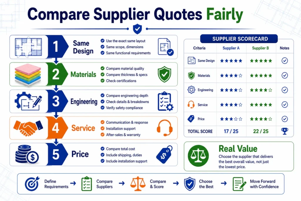 This infographic gives buyers a step-by-step method for comparing two supplier quotes without being misled by price alone.