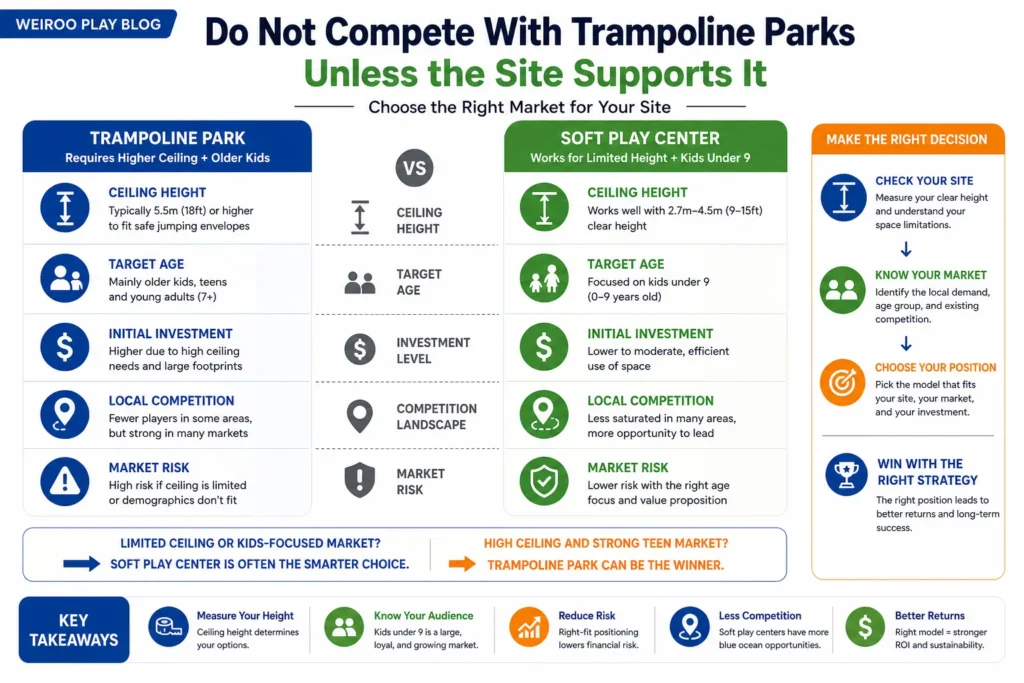 This infographic compares soft play and trampoline park positioning, showing why ceiling height, age group, safety planning, and market fit should guide the decision.