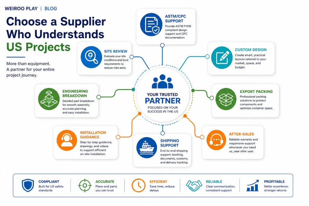 This infographic summarizes the supplier capabilities that matter for US indoor playground projects, including ASTM and CPC support, site review, custom design, engineering breakdown, export packing, and installation guidance.