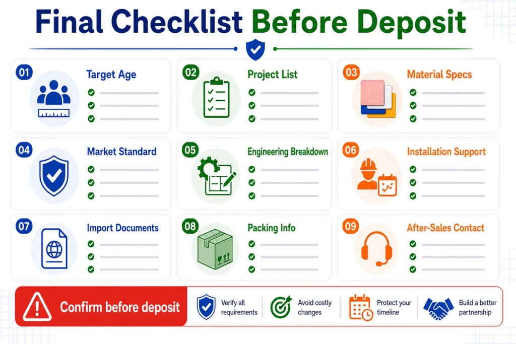 This infographic summarizes the final buyer checklist before committing to a soft play equipment supplier and paying a deposit.