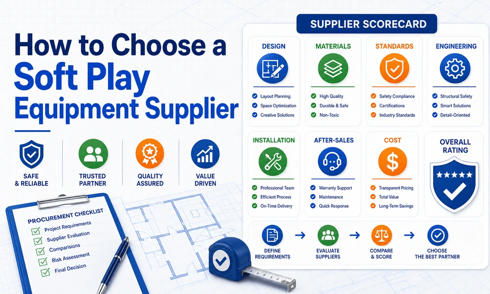 This featured image summarizes how buyers should compare soft play equipment suppliers by checking design, materials, standards, engineering support, installation, after-sales, and real cost.
