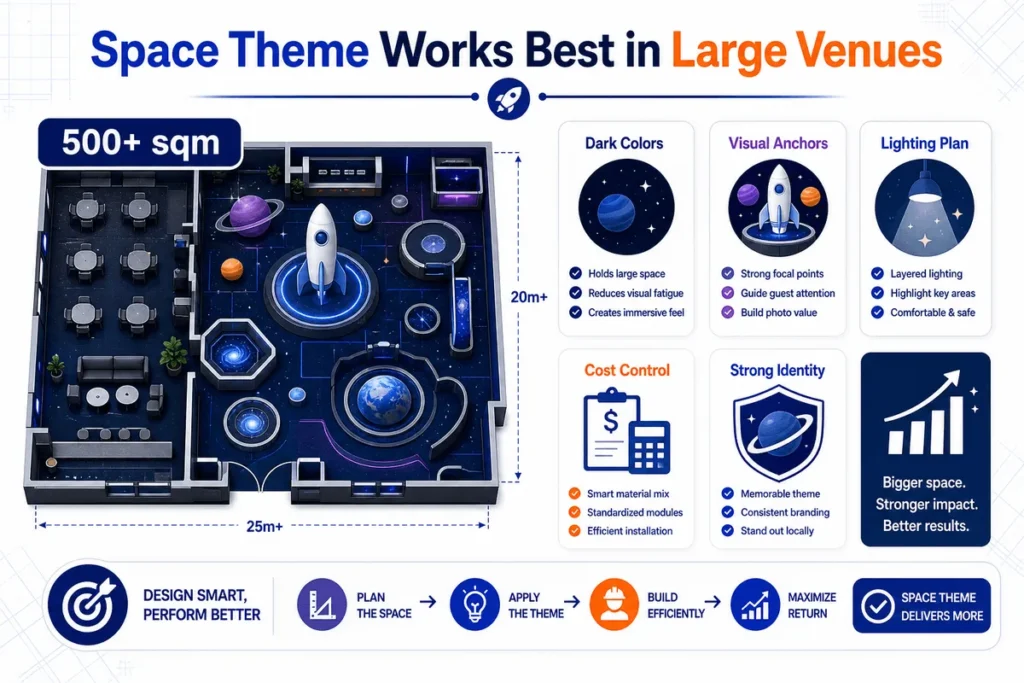 This infographic shows why a space theme is suitable for large indoor playgrounds and how to control the design through visual anchors, dark color systems, and lighting planning.